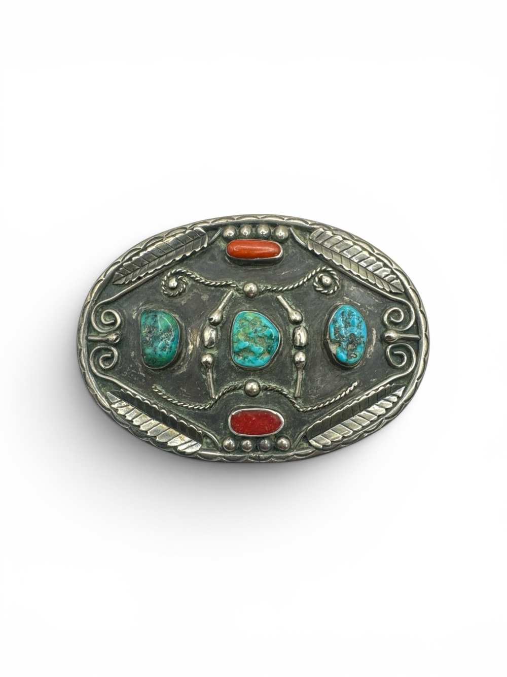 Vintage 1950s Heavy Navajo Sterling Silver Turquoise & Red Coral Belt Buckle